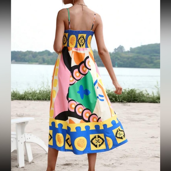 New Vibrant Abstract Geo Print Smocked Shirred Back Cami Dress - Picture 2 of 7